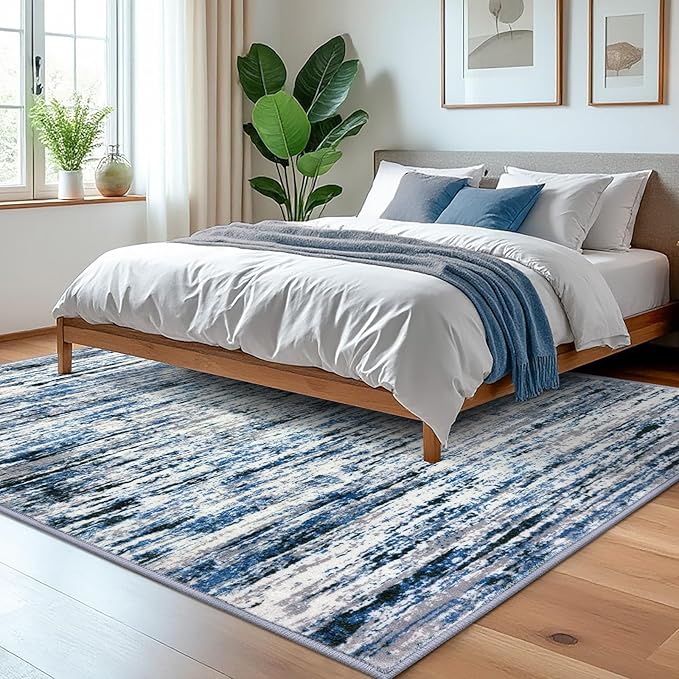 Modern Abstract 5x7 Machine Washable Area Rug Non-Slip Soft Bedroom Living Romm Rug Grey Blue White Thin Print Faux Wool Floor Carpet Throw Rugs for Nursery Playroom Dining Room Indoor