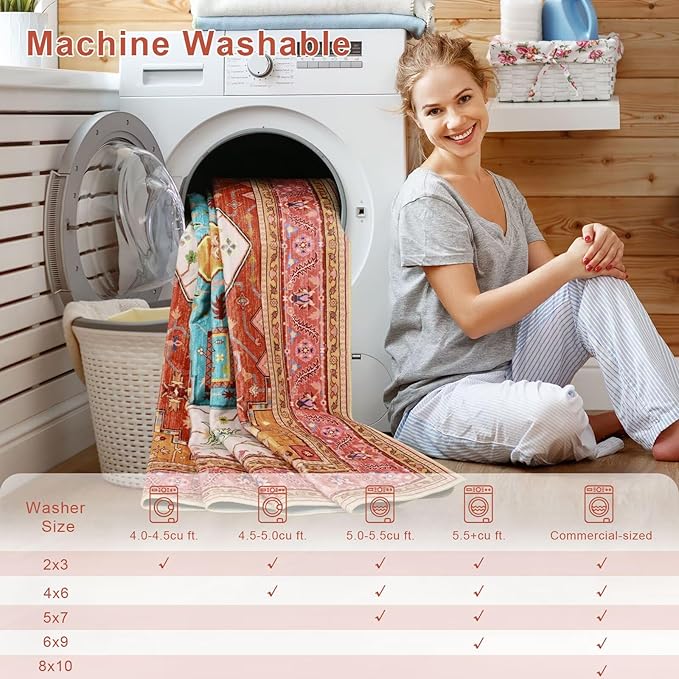 4x6 Orange Pink Area Rug for Living Room, Machine Washable Rugs with Non-Slip Backing for Bedroom, Vintage Medallion Carpet Kitchen Laundry Kids Room Decor