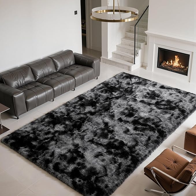 Zentavio Black and Grey Area Rugs for Living Room Large Men Room Carpet 6x9 Bedroom Fluffy Furry Shag Aesthetic Plush High Pile Floor Rug for Kids Room Dorm Home Decor Gray