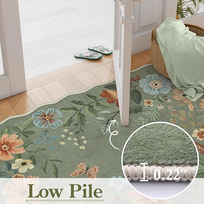 Lahome Floral Runners for Hallways, 2X6 Kitchen Runner Rug Ultra-Thin Soft, Non-Slip Hallway Rug Stain Resistant Boho Low-Pile Carpet for ‎Laundry Bathroom Bedroom(2x6ft,Green)