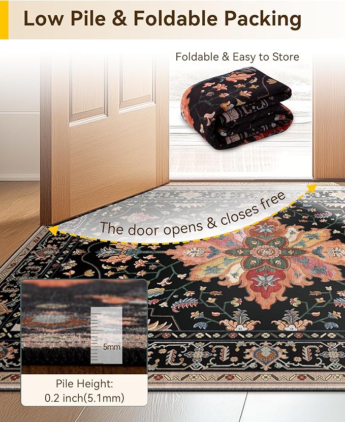 Area Rugs 5ft Washable Non-Slip, Floral Vintage Distress Print Pattern Medallion Carpet for Living Room Bedroom Dining Room, Black Colorful Floral Dark Tan