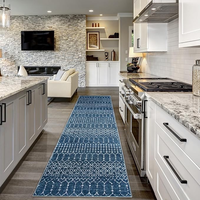 Lahome Moroccan Washable Kitchen Runner 2x8 Carpet Runners for Hallway 8Ft Low-Profile Non-Slip, Indoor Geometric Print Distressed Rug for Entryway Laundry Room Foyer, (Blue,2'x8')