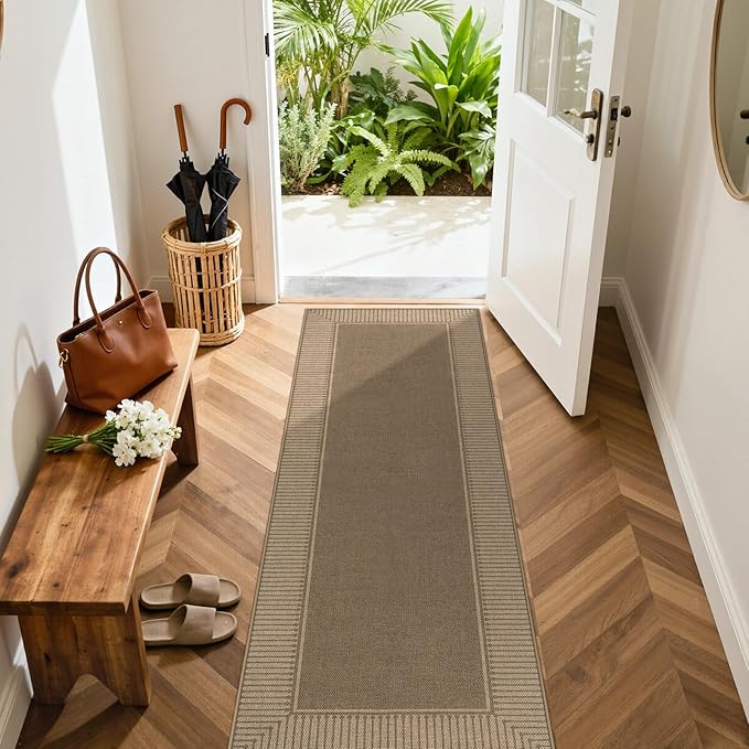 Moynesa Brown Striped Border Easy Jute Runner Rugs 2.5x8, Indoor Outdoor Washable Non Slip Runners Rug for Entryway Hallways Patio Balcony, Morden Farmhouse Carpet for Fall Winter Decor