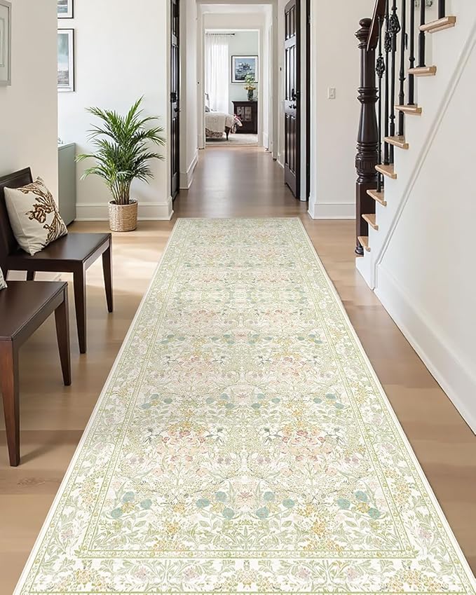 Lunasun Sage Green Long Bedroom Bedside Runner Rugs, 2x6 Non Slip Boho Floral Throw Rug for Kitchen, Hallway, Indoor Entrance, Foyer, Bathroom - Farmhouse Thin Front Door Low Pile Mat