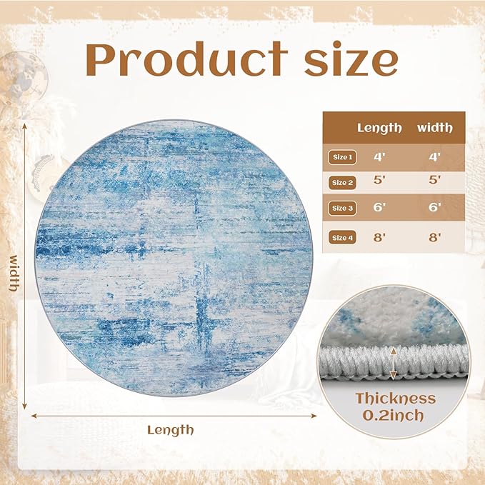 Round 6ft Area Rug Modern Abstract Washable Carpet for Living Room Bedroom Dining Room Home Office - Abstract Teal Grey