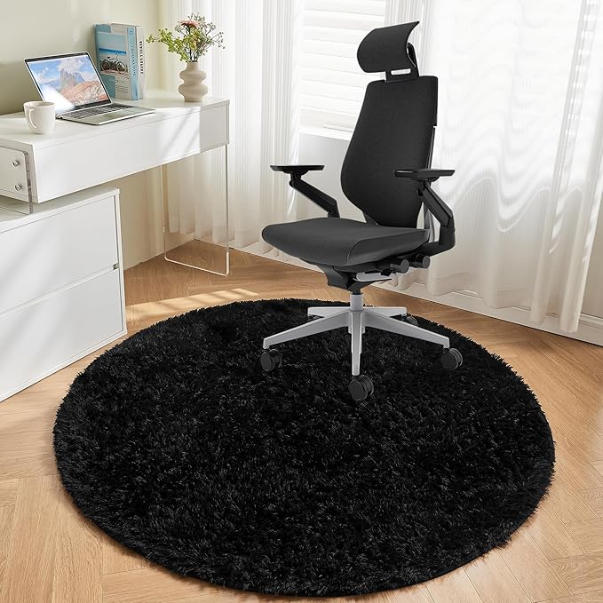 Andency Black Round Area Rug for Bedroom, Soft Shag Circle Rug 4x4 for Room, Fluffy Faux Fur Carpet for Home Decor, Circular Fuzzy Plush Rug for Living Room Playroom