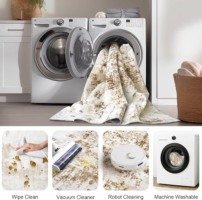 FMFUNCTEX 10x14 Washable Abstract Area Rug Brown Beige Neutral Modern Large Non Slip Carpet for Living Room Bedroom Soft Accent Low Pile Indoor Mat Accent Throw Rug for Dining Kitchen Office Nursery
