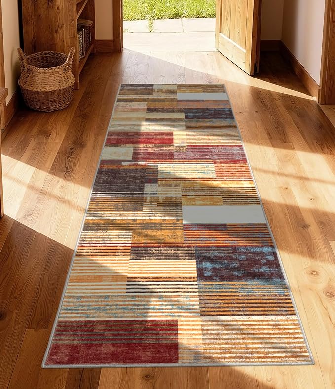 YIHOUSE Brown Runner Rug 2x6 for Hallway, Farmhouse Rugs Washable,Vintage Burgundy Carpets,Burnt Orange Area Rug Non Slip,Geometric Boho Rug for Kitchen