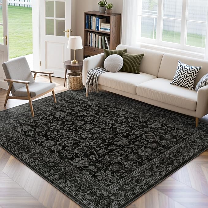 LIVEBOX Washable Area Rug 5x7 - Large Black Boho Living Room Rug Vintage Rugs for Bedroom, Lightweight Retro Carpet Floral Accent Rugs for Dining Room High Traffic Area
