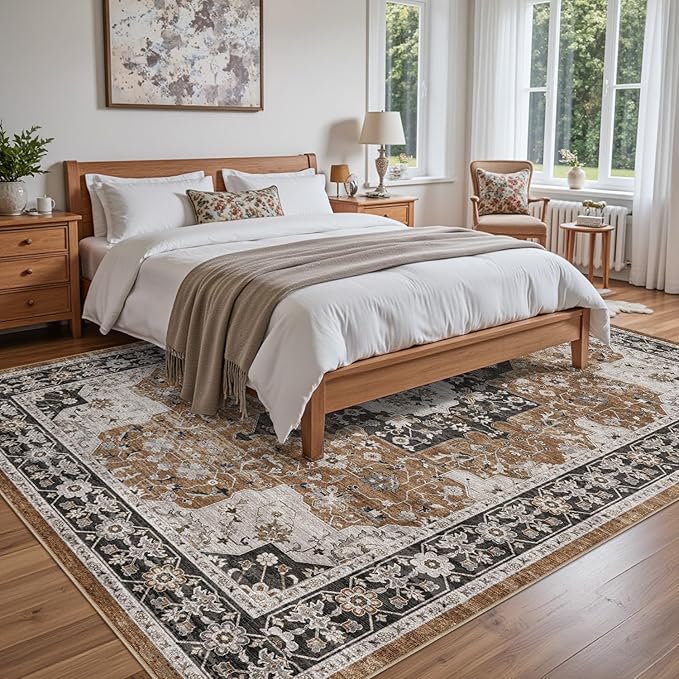 DEXI 9x12 Area Rug for Living Room, Washable Vintage Farmhouse Thin Rug Indoor Floor, Non Slip Stain Resistant Low Pile Carpet for Dining Room Bedroom Office, Brown