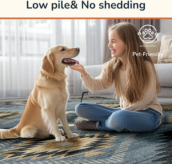 BESTSWEETIE Area Rug 8x10 Rug Machine Washable Non-Slip Low Pile Print Pattern Western Rug for Living Room Bedroom Navy/Grey