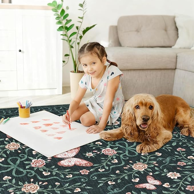 GarveeHome Floral Area Rug 4x6 Entryway Rug Low Pile Bedroom Black Bow Rugs Non Slip Stain Resistant Dining Room Throw Carpet Small Living Room Butterfly Rugs Soft Boho Mats for Kitchen Nursery, 4x6