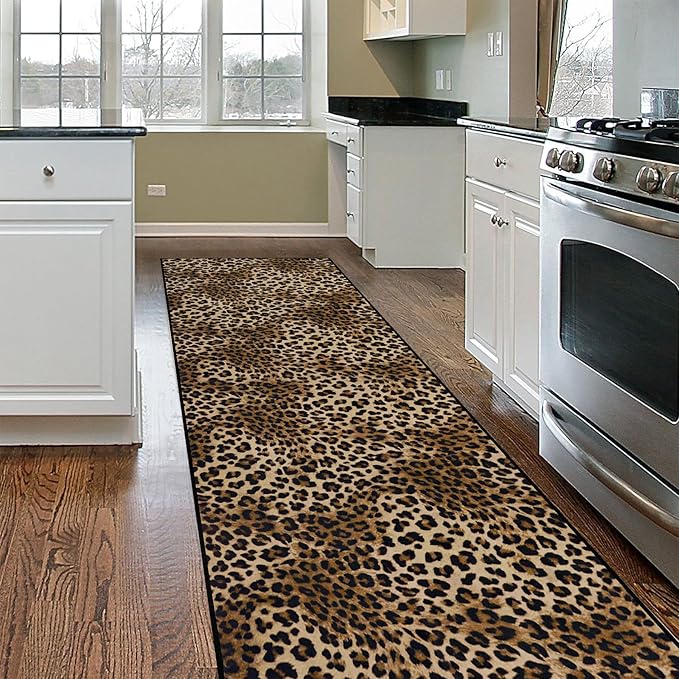 Leopard Rug 2x8 Modern Print Hallway Runner Rug with Rubber Backing Washable Non-Slip Runner Rugs for Bedroom Kitchen Living Room Indoor Decor（2x8ft,Brown）