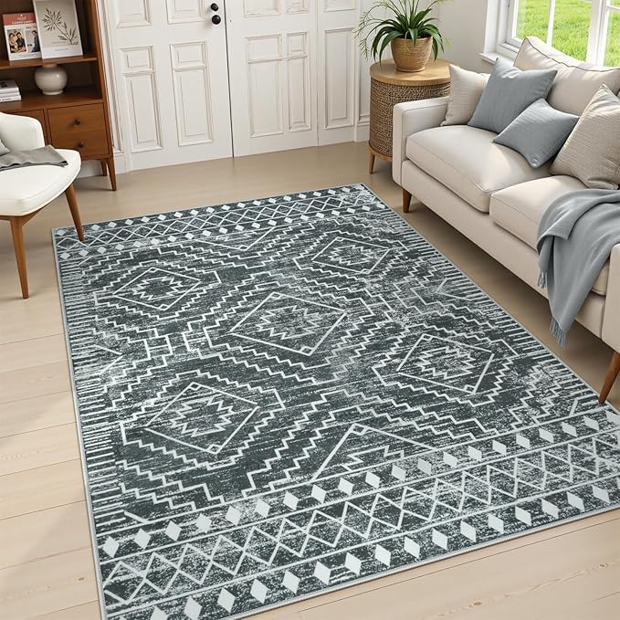 Wonnitar Moroccan 8x10 Area Rugs for Living Room, Washable Large Grey Rug for Bedroom, Non-Slip Soft Thin Stain Resistant Boho Tribal Floor Carpet for Dining Guest Room Office (Dark Grey,8'x10')