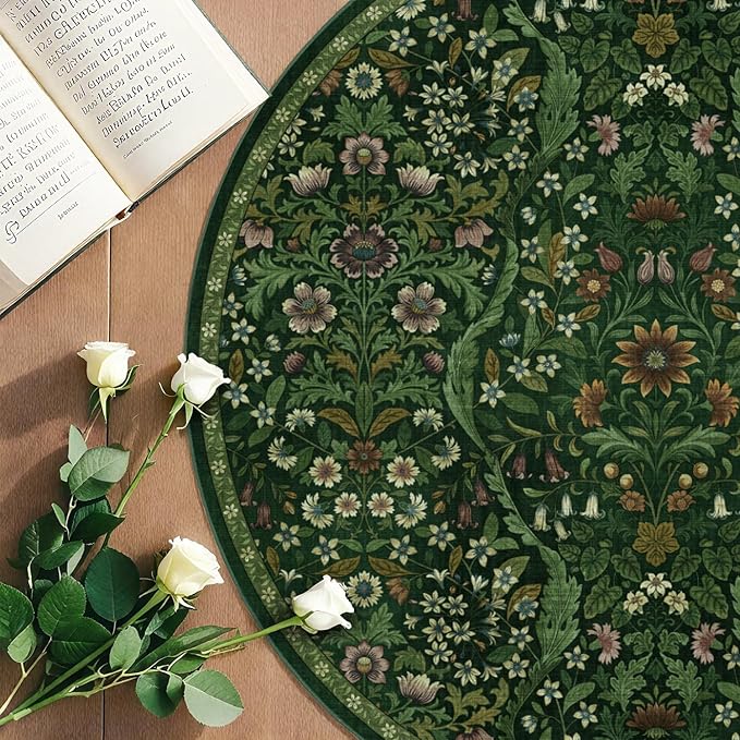 Round Rug 6ft Dark Green Washable Floral Circle Rug,Vintage Boho Botanical Round Area Rugs, Non-Slip Soft Low-Pile Circular Carpet for Bedroom,Kids Room,College Dorm,Home Decor