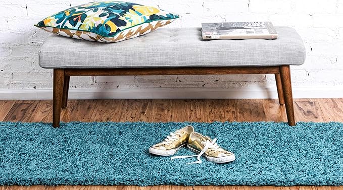 Unique Loom Solid Shag Collection Area Rug (2' 6" x 16' 5" Runner, Deep Aqua Blue)