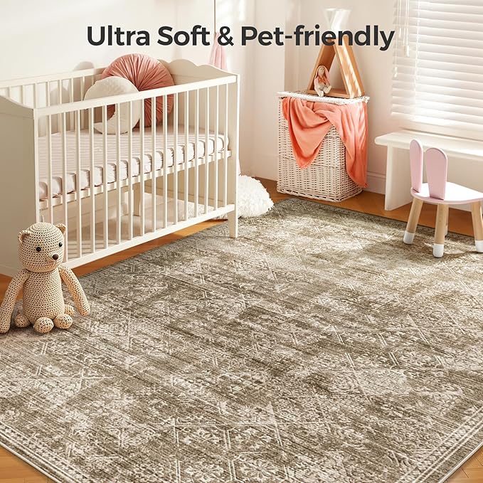 WITSHOCK 6x9 Area Rugs for Living Room: Machine Washable Non Slip Modern Abstract Carpet - Low Pile Print Rug for Bedroom Dining Room - Stain Resistant for Household - Pet Owners (Earthy Brown)