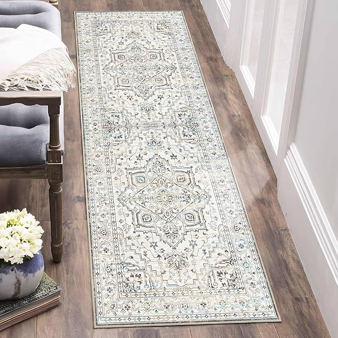 Enkor Runner Rugs for Hallway, 2x6 Washable Soft Non Slip Floor Rugs for Kitchen, Modern Mat for Living Room Bedroom Entryway White & Grey
