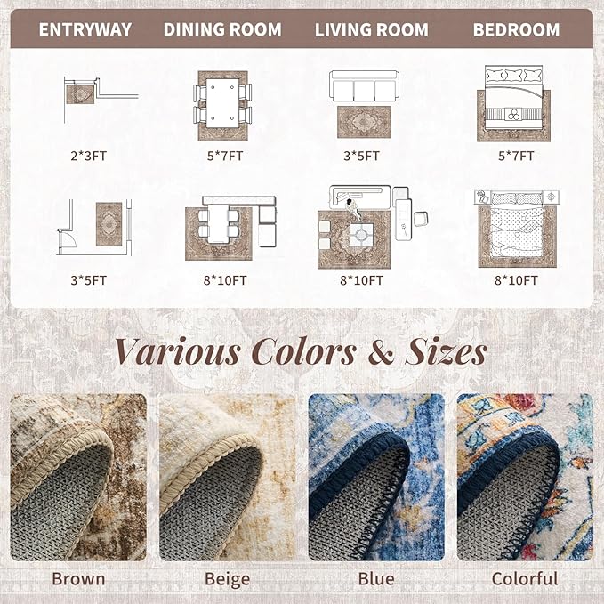 tchdio 8x10 Area Rugs for Living Room, Vintage Non Slip Washable Rug, Soft Low Pile Area Rug Large Floor Indoor Carpet for Bedroom, Dining Room, Office (Brown, 8'x10')