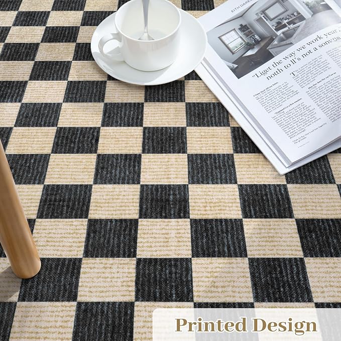 Machine Washable 5x7 Area Rugs for Living Room Checkered, Non Slip Soft Low Pile Farmhouse Geometric Modern Neutral Playroom Boys Rugs for Bedroom, Large Carpet Rugs for Dining Room(Black,5'x7')