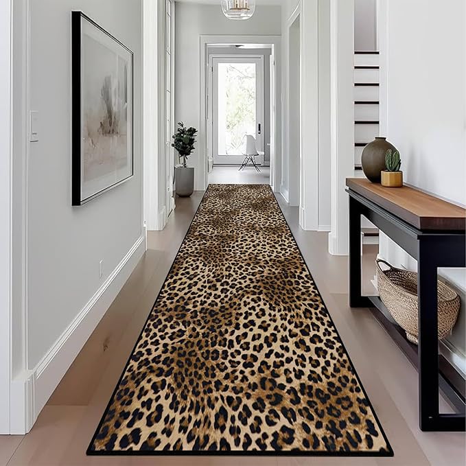 Leopard Rug 2x8 Modern Print Hallway Runner Rug with Rubber Backing Washable Non-Slip Runner Rugs for Bedroom Kitchen Living Room Indoor Decor（2x8ft,Brown）