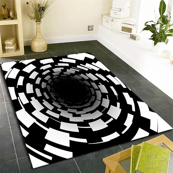 3D Illusion Swirl Area Rugs, 5x6ft, Modern Abstract Grid Black Hole Living Room Carpet, Geometric Black White Check Washable Carpets, Ultra Soft Cozy Shed Resistant Mat for Indoor