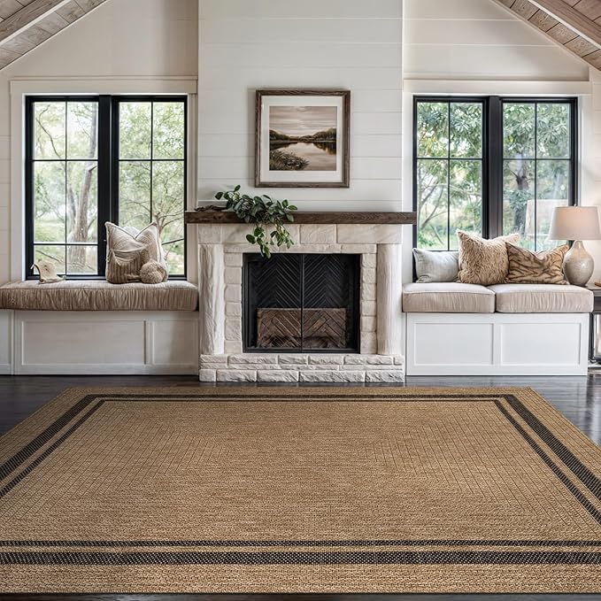 Beverly Rug Easy Jute Bordered Rug 10x14 Washable Large Indoor Outdoor Area Rugs for Living Dining Room Patio Office Stain Resistant Non Shedding Casual Indoor Outside Carpet 10 x 14 Natural