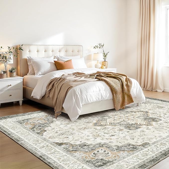 Marsail 8x10 Washable Area Rug, Soft & Slip-Resistant Large Area Rug with Reinforced Bound Edges, Vintage Short-Pile Washable Rug with Floral Pattern for Living Room, Dinning Room and Bedroom, Brown