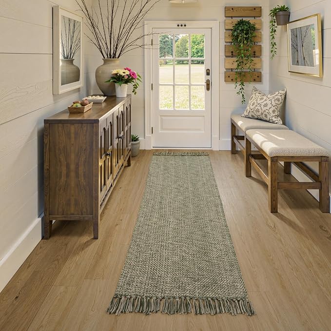 Collive Long Hallway Runner Rug 2.6' x 7', Washable Rugs Indoor Entryway Runner Rug, Modern Natural/Green Kitchen Runner Rugs Cotton Braided Low-Profile Bedroom Carpet for Laundry Room Bathroom
