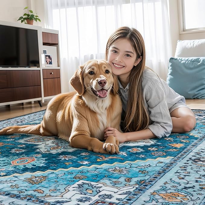Tangsoo Blue 4x6 Area Rug, Vintage Washable Non Slip Indoor Rugs, Oriental Machine Washable Rug Carpet, Soft Low Pile Foldable Floor Rugs for Dining Room Bedroom Living Room Home Decor