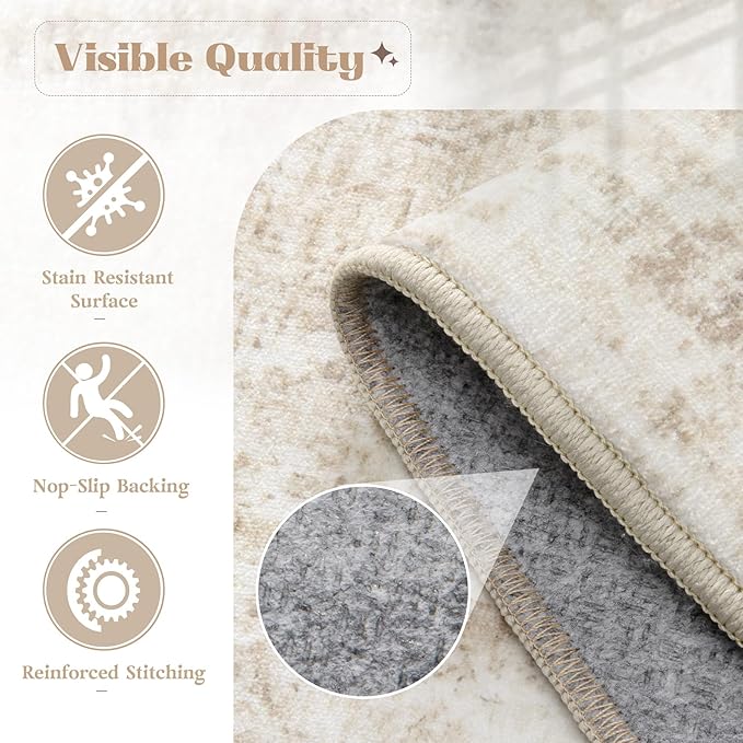 Area Rug 6x9 Washable Rug, Vintage Boho Medallion Rugs Non-Slip Soft Low Pile Large Distressed Rug Indoor Retro Carpet for Living Room Bedroom Dining Room Home Office (Beige, 6'x9')