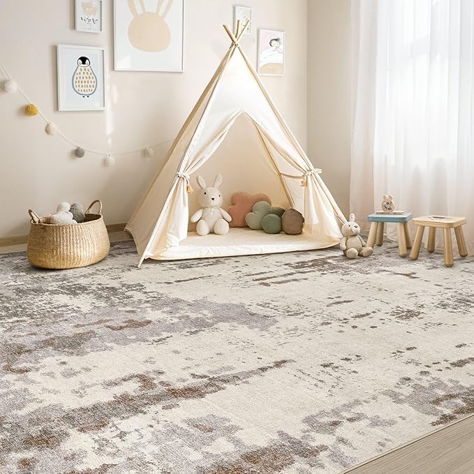 6x9 Area Rug Living Room Rugs - Washable Neutral Modern Abstract Soft Thin Rug Indoor Floor No Slip Rug Carpet for Bedroom Under Dining Table Home Office Decor - Brown/Grey/Beige