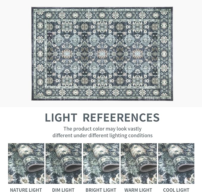 Washable 9×12 Area Rug for Living Room, Vintage Floral Rug Soft Non Slip Stain Resistant Boho Carpet for Indoor Bedroom Dinning Room Home Office Blue/Navy