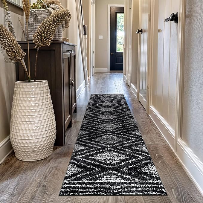 Rugshop Geometric Shag Runner Rug Anthracite Dark Gray and White 2' 3" x 12' Great for Long Hallways, Open Entryways, or Galley Kitchens