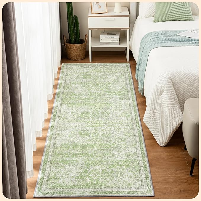 Istana Hallway Runner Rug 2.5x8 - Light Green Kitchen Rugs Non Slip Washable -Silk's Soft Touch Carpet Runner - Stylish Rugs for Home