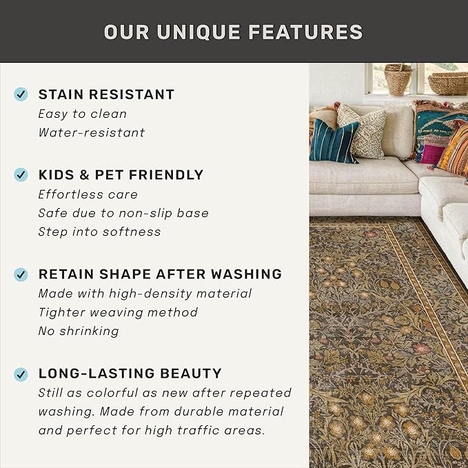 Washable Living Room Rug 10x12 - Brown Oriental Area Rug for Dining Room Under Table, Low Pile Non-Slip Floor Decor for Bedroom Under Bed - Vintage Earthy Design & Stain Resistance