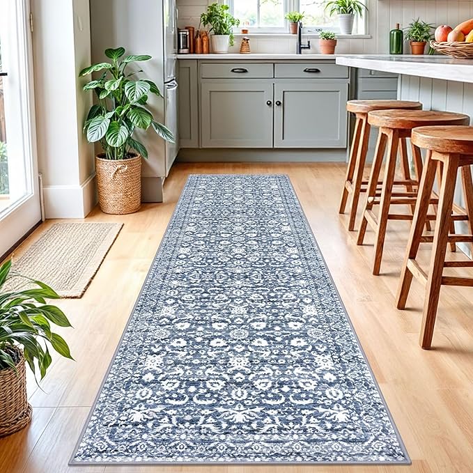 Runner Rug 2.6x10, Light Blue White Washable Long Hallway Rug Runner Non-Slip Soft Kitchen Runner Thin Printed Faux Wool Super Soft Carpet for Entryway Bedroom Laundry Room Indoor Home Decor