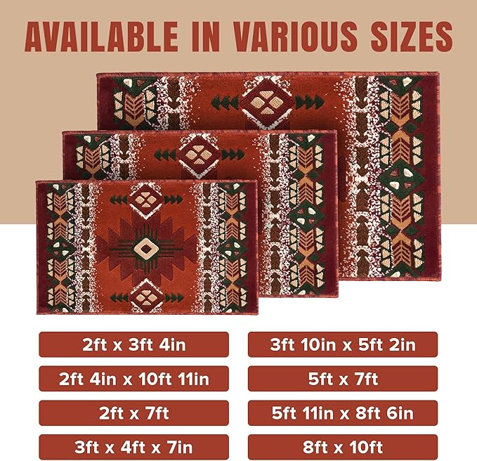 YHSF South West Native American Area Rug C318 - Easy Clean, Thick, Soft, Durable Native Tribal American Indian Inspired Rug for Bedroom/Living Room and More - Rust, 2 Feet x 3 Feet 4 Inches