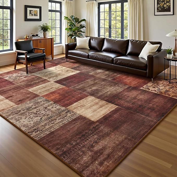 DweIke Washable Area Rugs for Living Room, 4x6 Soft Bedroom Rugs, Geometric Print Non-Slip Modern Rug, Stain Resistant Throw Carpets for Office Nursery Dining Room Home Dorm Decor, Red