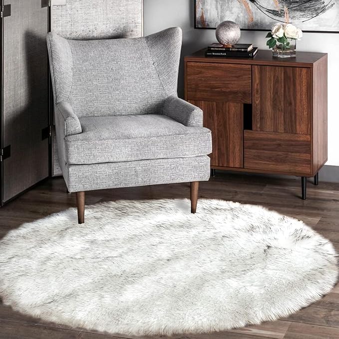 Latepis Round Area Rugs 6ft White with Grey Tips Faux Sheepskin Fur Circle Rugs for Living Room Washable Fuzzy Rug for Bedroom Nursery Dorm Entertainment Room Luxury Home Decor