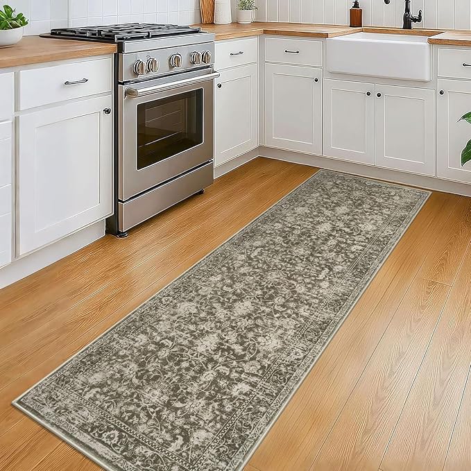KILOCOCO Hallway Runner 2x6 Rug Runner Printed Vintage Floral Washable Kitchen Runners Non-Slip Rubber Backed Runners for Hallways Laundry Room Distressed Boho Rugs for Entryway Bedroom, Taupe/Green