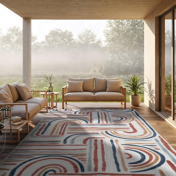 CAMILSON Indoor Outdoor Rug, Multicolor 6x9 Geometric Arch Striped Area Rugs for Patio and Home Areas, Easy-Cleaning Non-Shedding Living Room, Garden and Deck Washable Outside Carpet (6 x 9)