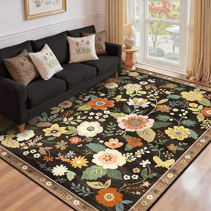 Floral 5x7 Area Rug Machine Washable Soft Print Boho Carpet Non Slip Doormat Low Pile Flower Area Rugs for Living Room Bedroom Nursery Kitchen Dining Room Indoor-Black/Yellow/Red