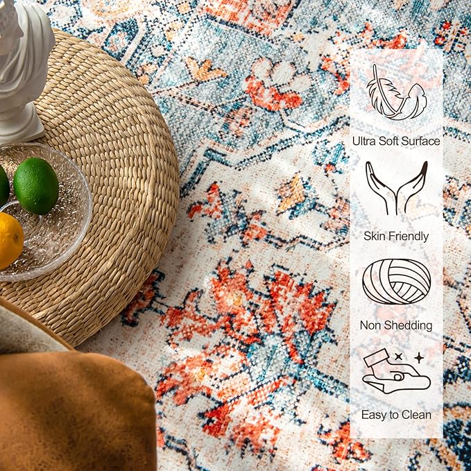 VK VK·LIVING Machine Washable Rug 2'x6' Vintage Design Washable Runner Area Rugs with Non Slip Rugs for Living Room Bedroom Traditional Woven Carpet Stain Resistant Dining Boho Rug (Blue&Orange)