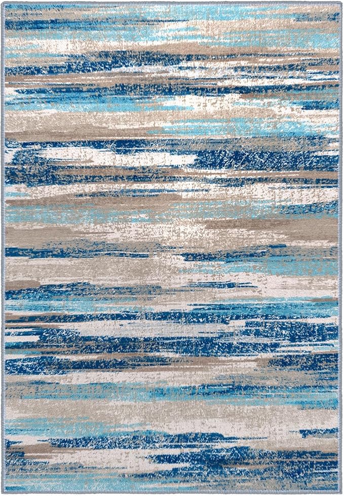 Modern Abstract 9x12 Large Machine Washable Living Room Rug Non-Slip Soft Bedroom Area Rug Blue Ultra Thin Print Faux Wool Carpet Throw Rugs for Nursery Playroom Dining Room Indoor Office