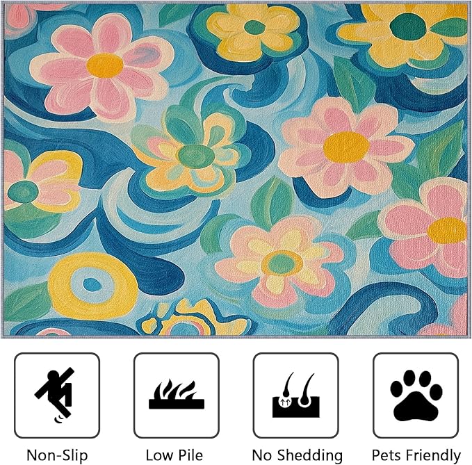 Floral Large Area Rug 8x10 - Modern Artistic Flower Rugs for Living Room Non Slip Low Pile Machine Washable Dining Room Rug, Floral Carpet Home Decor & Gifts