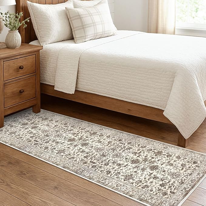 KILOCOCO Hallway Runner 2x7 Rug Runner Printed Vintage Floral Washable Kitchen Runners Non-Slip Rubber Backed Runners for Hallways Laundry Room Distressed Boho Rugs for Entryway Bedroom, Beige/Brown