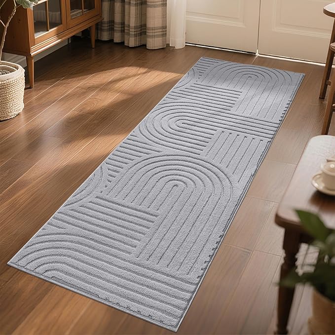 SHACOS Soft Cozy Fluffy Arch Pattern High Low Pile Runner Rugs 2'x6' Non Slip Washable Rug Runners Modern Geometric Arc Carpet for Bedroom Bathroom Hallway, Light Grey