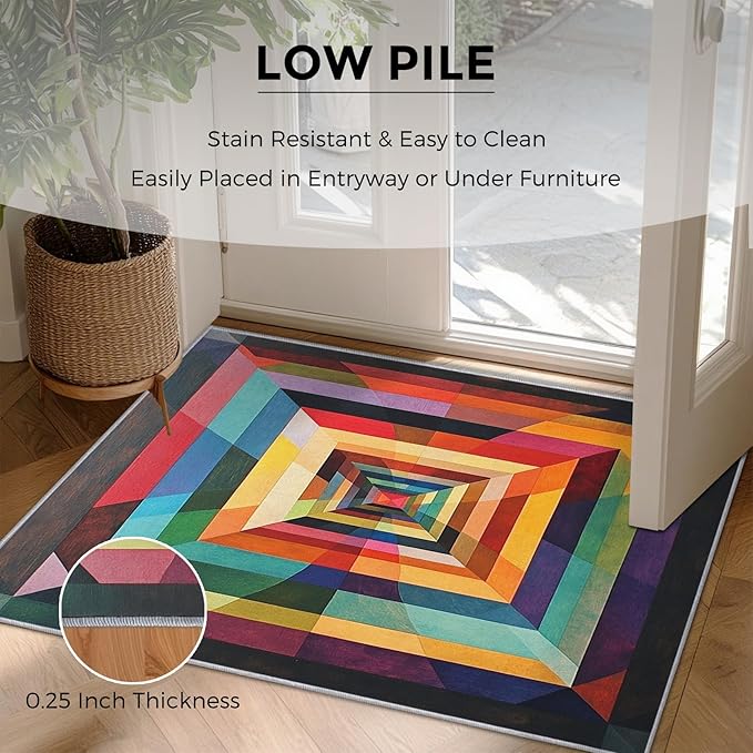 4x4 Colorful Geometry Rugs for Bedroom Decor, Washable Abstract Geometric Pattern Area Rug, Living Room Home Decoration, Non Slip Soft Thin, Abstract Art Decor Carpet PF-P 49