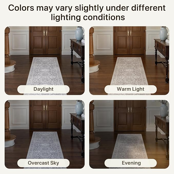 Bavni Washable Runner Rug 2’6”x8’, Non Slip Vintage Hallway Runner, Ultra Thin Low Pile Washable Carpet for Kitchen Entryway Bedroom, Grey
